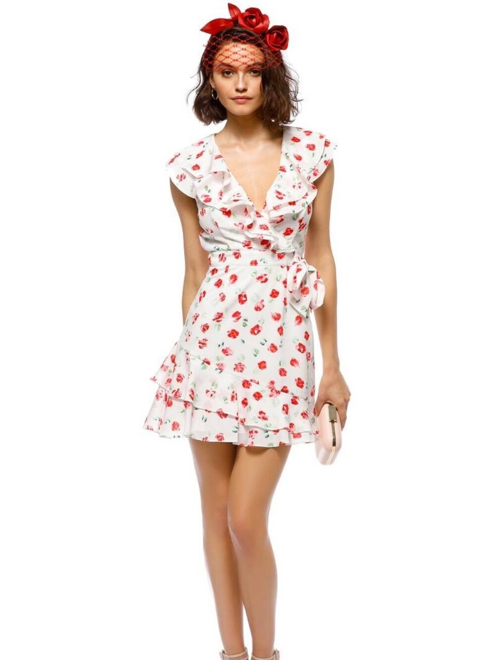 Saylor Cassandra Floral Wrap Mini Dress XS White Red Ruffle Tie Waist Romantic